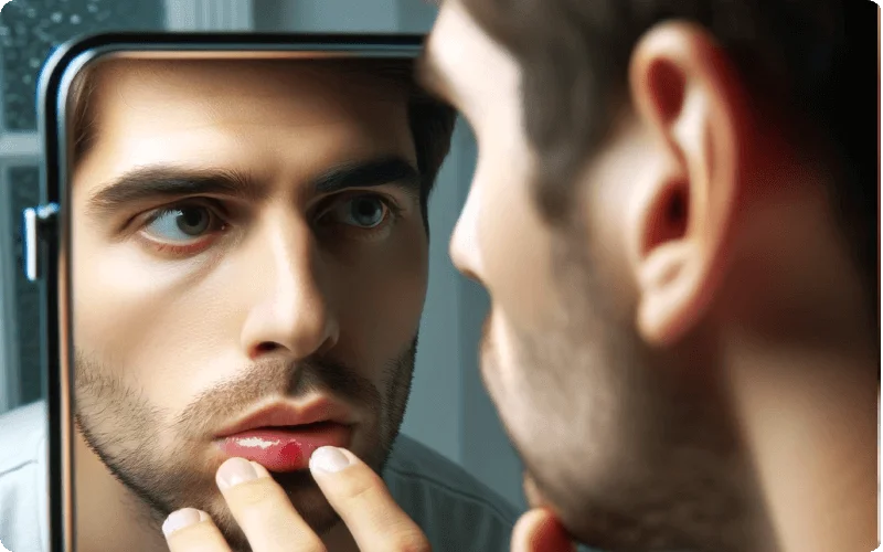 A person examining their lips for cold sores in the mirror, reflecting concern and awareness about oral herpes<br />
