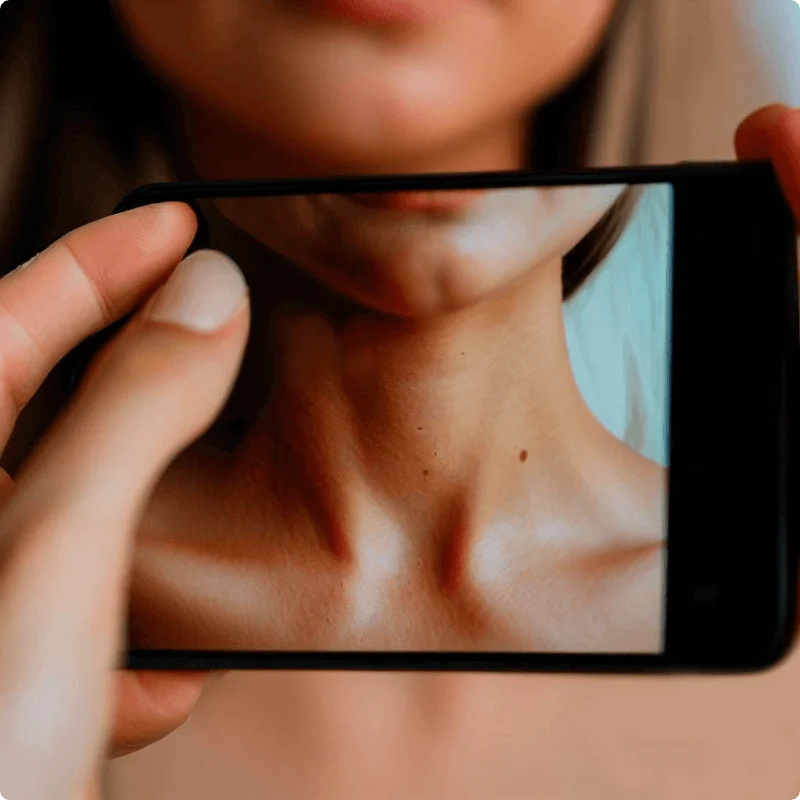 a tiny spot on a woman's neck is being photographed to be sent for online skin cancer screening  