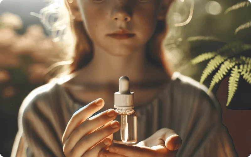 Young girl's hands holding a skincare serum bottle, symbolizing careful skincare choices for kids and teens against a natural backdrop