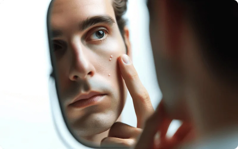 white bumps on face - person checking on a mirror