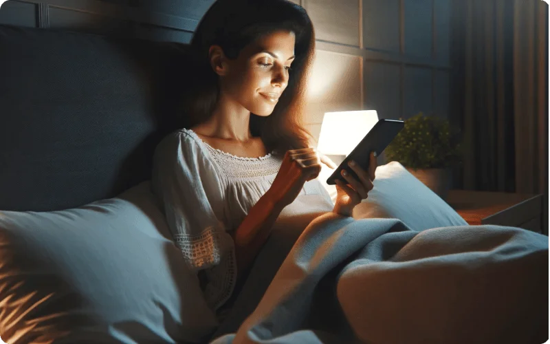 a woman in bed reading about skin conditions on her phone, covered with a blanke<br />
